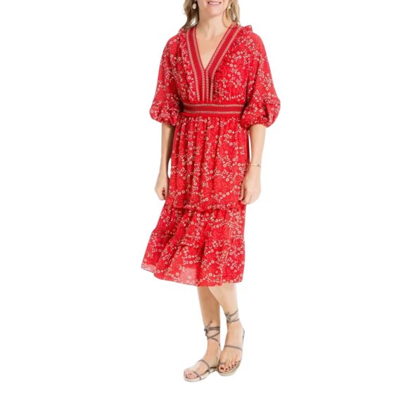 Max Studio Red Floral Puff Sleeve Midi Dress - Size Small - Picture 1 of 13